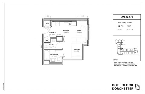 Floor plan for studio, 1 bath, 410 sqft